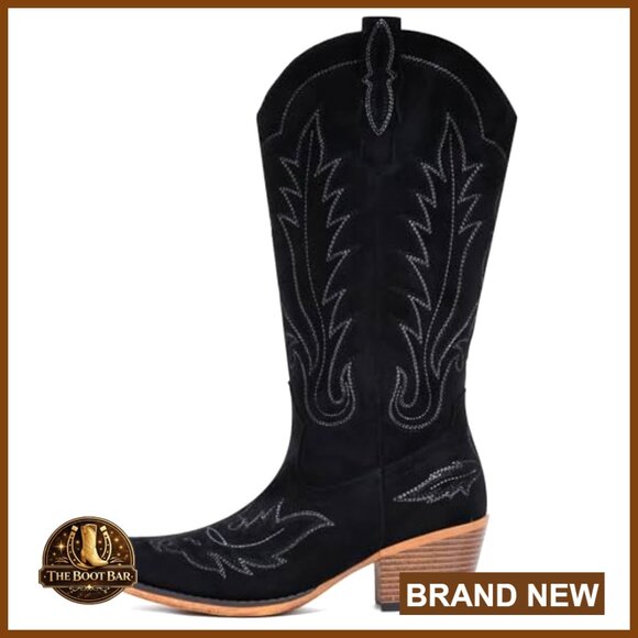 Suede Cowboy Boots Mid Calf Western Boots Embroidered Snip Toe Chunky Heel - Picture 5 of 6
